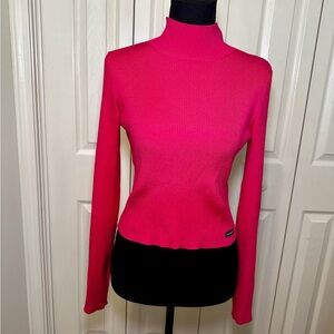 Calvin Klein Ribbed Mock Neck Sweater Hot Pink Fitted Long Sleeve Size Small